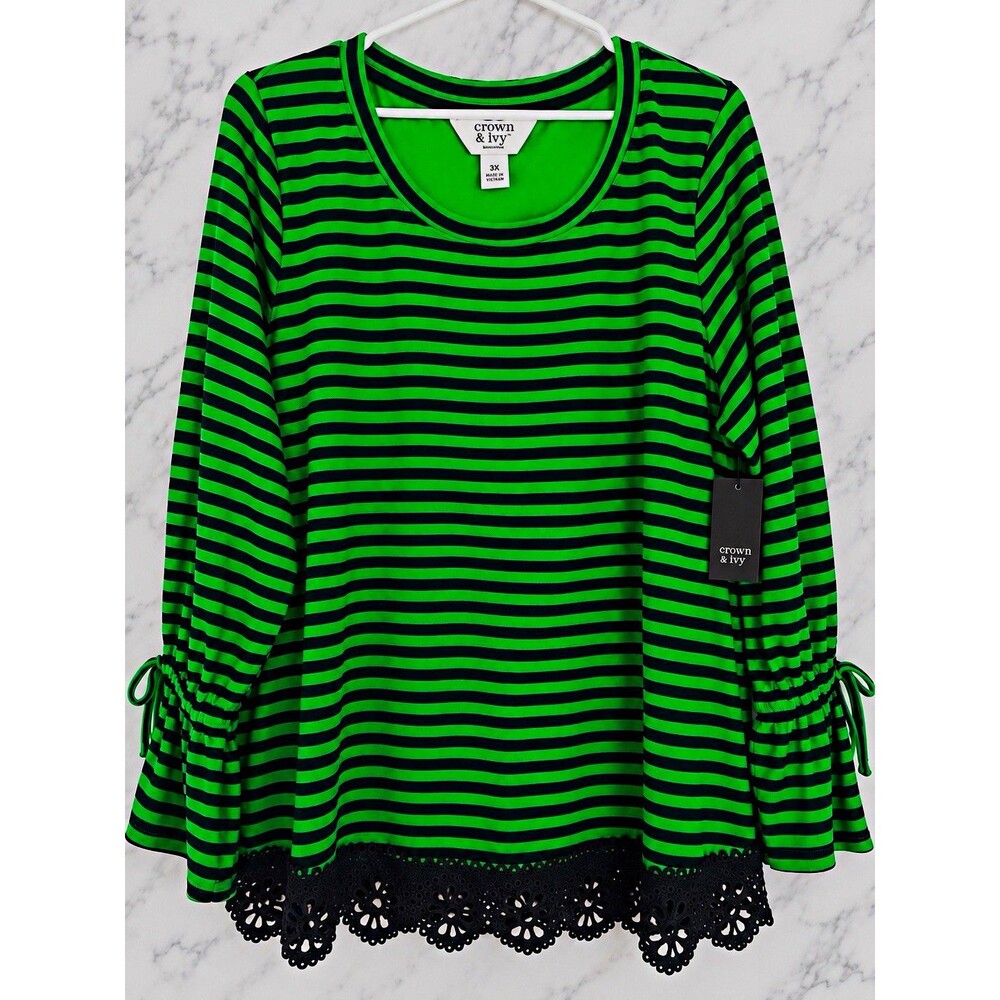 Crown & Ivy Curvy Women’s Plus 3X Green Navy Striped Scoop Neck Bell Blouse